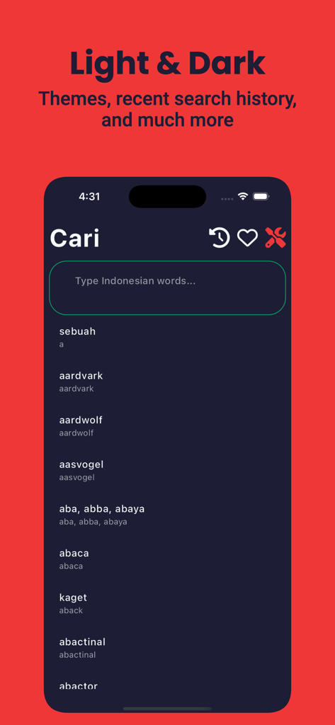 Interface of the Indonesian Dictionary Dict Box app showing dark mode theme and search results for Indonesian words