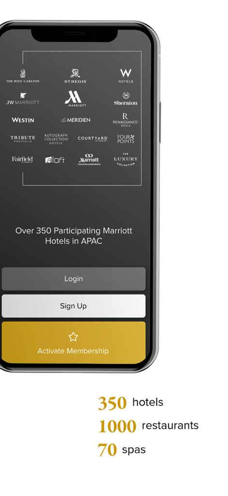 Club Marriott South Asia - 参加しているラグジュアリーホテルブランドとログインボタンを特徴とするClub Marriott South Asiaアプリのウェルカム画面