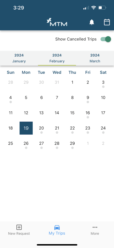 MTM Link Member - MTM Link Member app calendar interface showing a schedule of medical transportation trips
