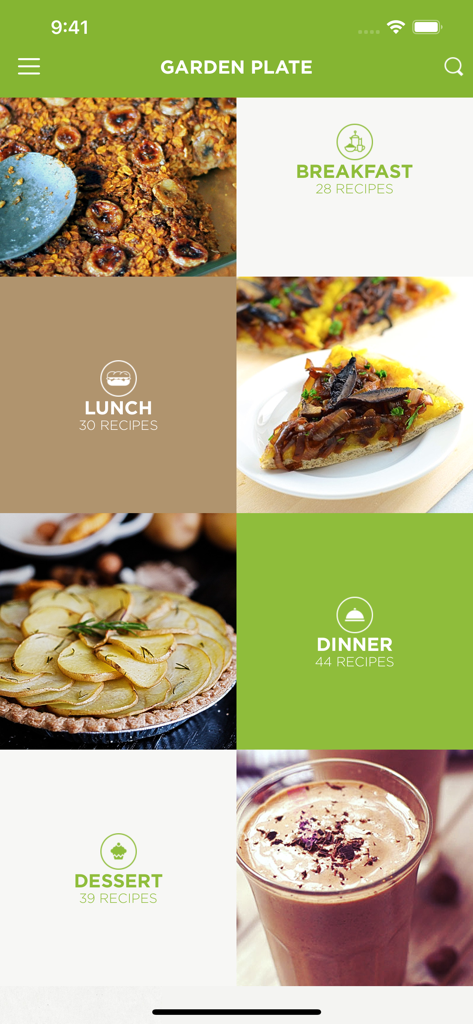 Garden Plate Pro - L'interface de l'application Garden Plate affiche les catégories de recettes pour le petit-déjeuner, le déjeuner, le dîner et le dessert.