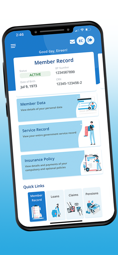 GSIS Touch - Interfaz de la aplicación GSIS Touch que muestra detalles del registro del miembro y enlaces al historial de servicio.