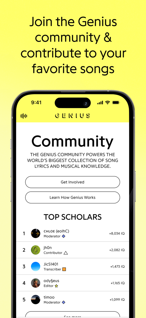 Genius app community screen showing the top scholars leaderboard
