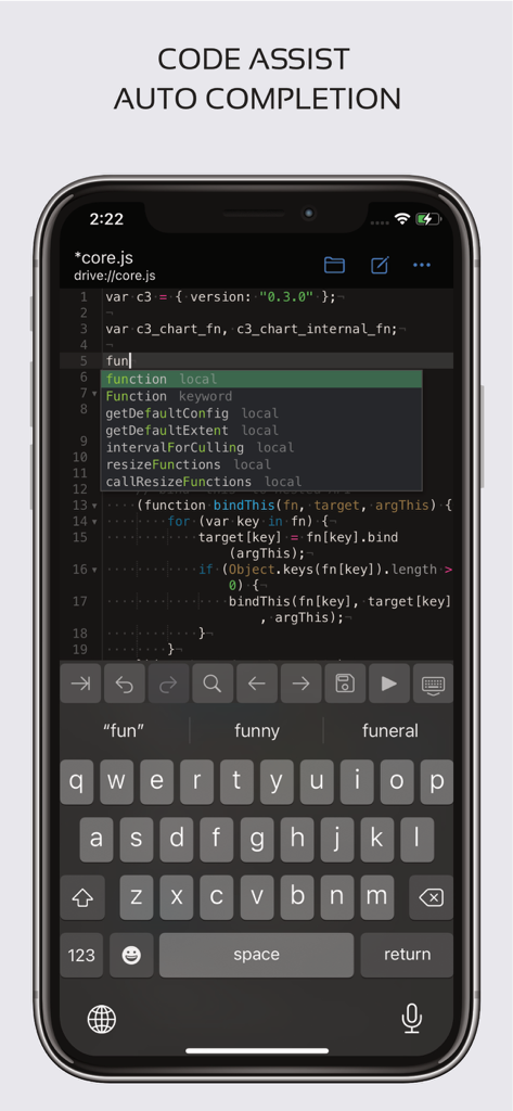 Code Editor - Compiler & IDE - A mobile interface of Code Editor showing JavaScript code with a functional auto-completion dropdown menu