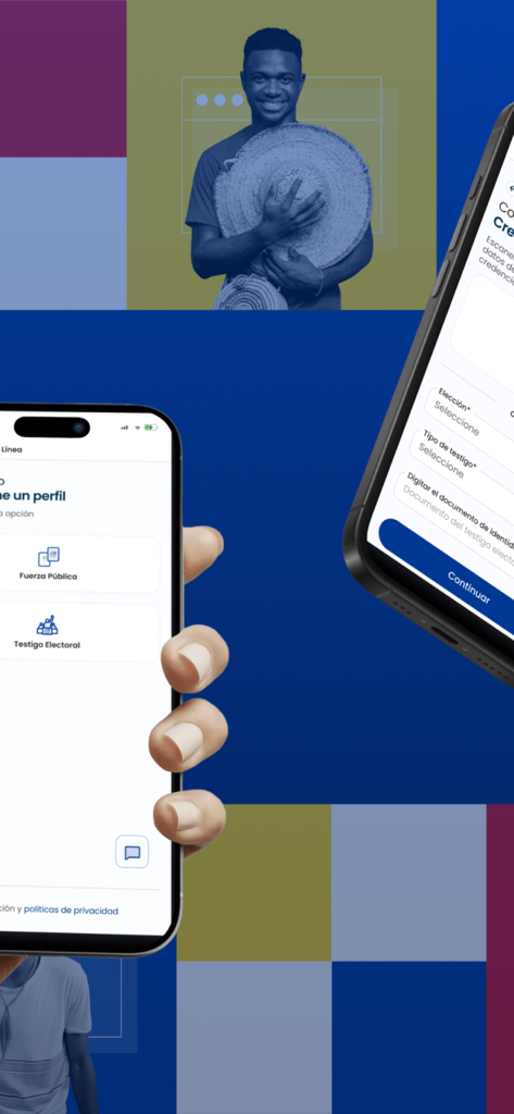 Comitium en línea - Mobile Bildschirme der Comitium en linea App mit Profilauswahl und Registrierungsformularen für Wahlzeugen und Beobachter