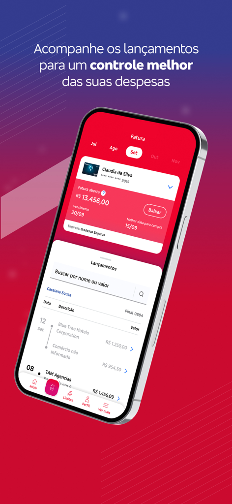 Bradesco Cartões PJアプリのスマートフォン画面。法人クレジットカードの請求書と取引履歴が表示されています。