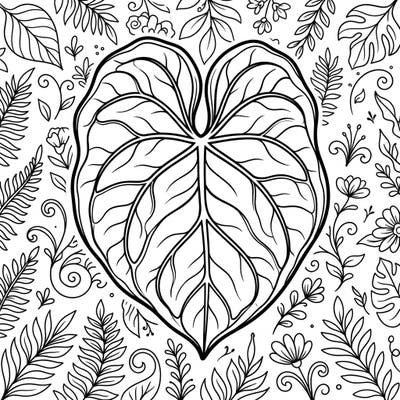 Discover the intricate beauty of the anthurium leaf with this stunning coloring template, featuring a heart-shaped central design. The background bursts with complementary botanical patterns, offering an immersive and relaxing coloring experience.