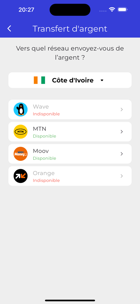 WalliSend - Interface do aplicativo WalliSend mostrando a escolha da rede de transferência de dinheiro para a Costa do Marfim com MTN e Moov