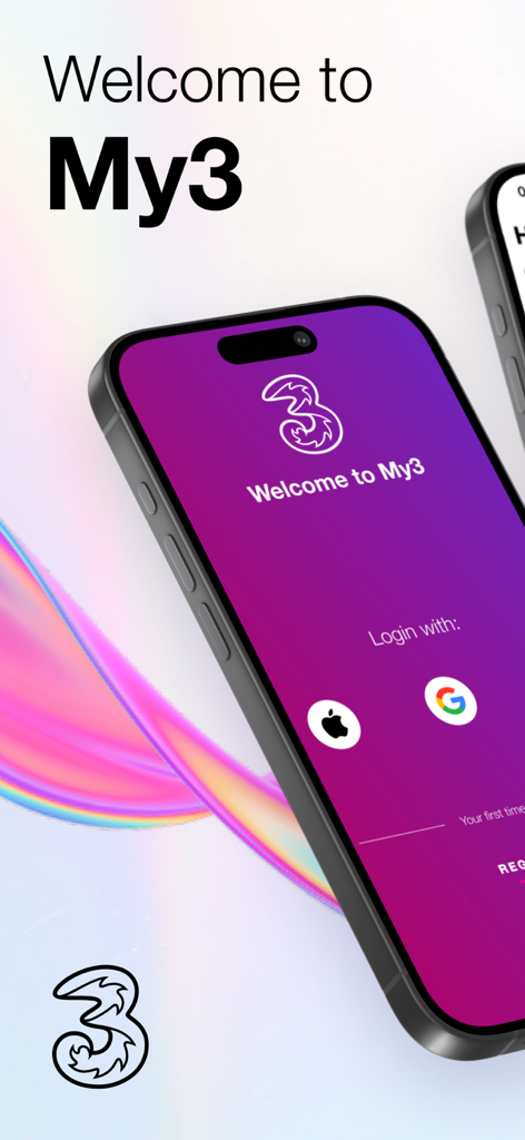 My3 app welcome screen with login options for Apple and Google
