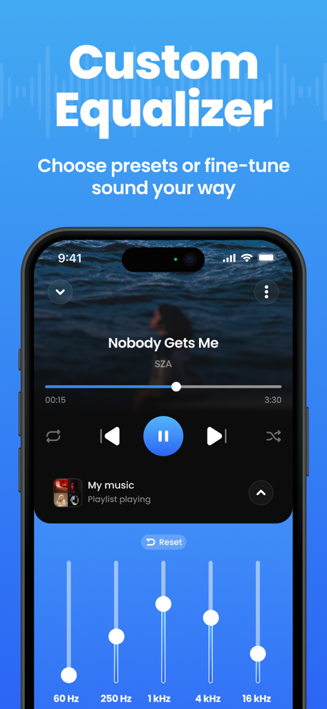 Bass & Volume Booster - BassUp - BassUp app interface showing custom equalizer sliders and music player