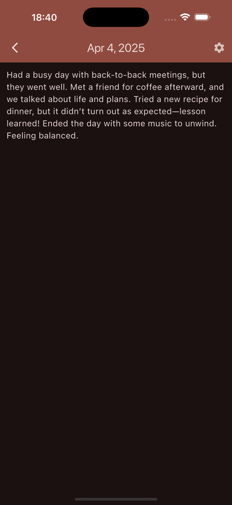 A personal diary entry on a dark background within the Write memos for fun app.