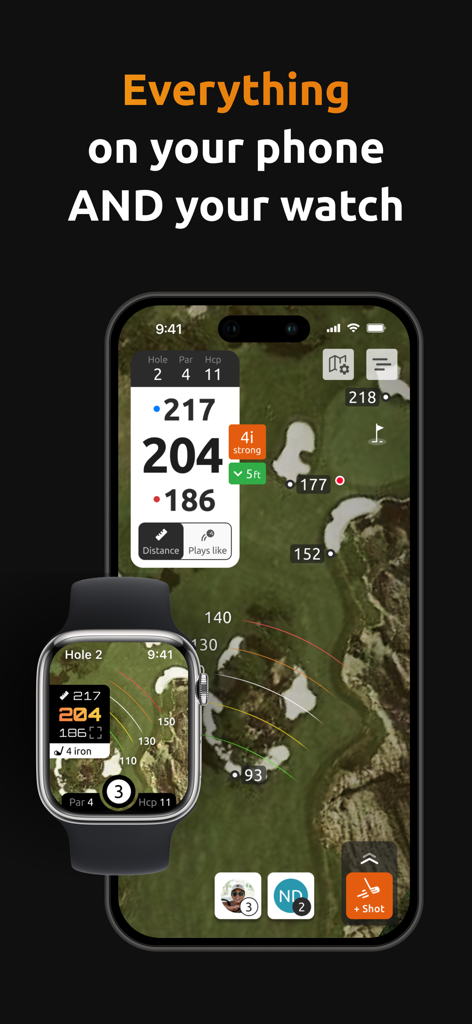 15th Club Golf GPS app interface showing satellite course maps and yardages on both iPhone and Apple Watch