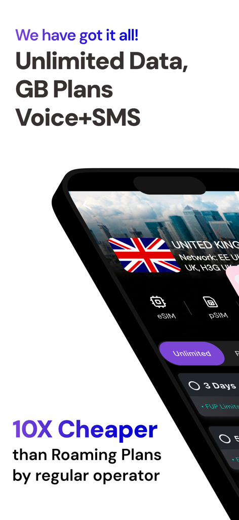 ZetSIM: Travel eSIM & Internet - ZetSIM app display showing unlimited travel data plans for the United Kingdom and 10 times cheaper roaming costs