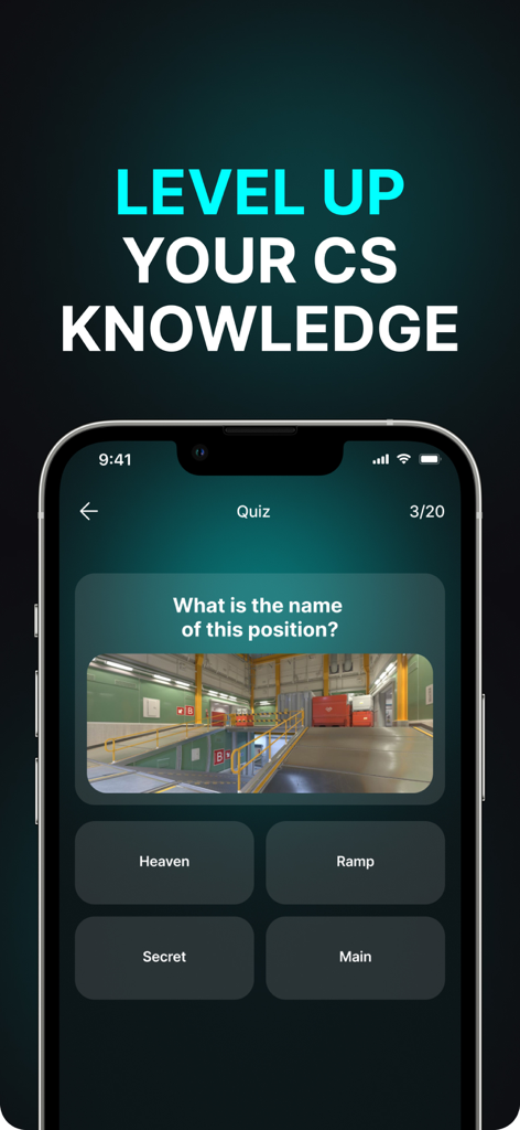 СStrike Skins - A mobile app screenshot of a Counter-Strike map position quiz interface.