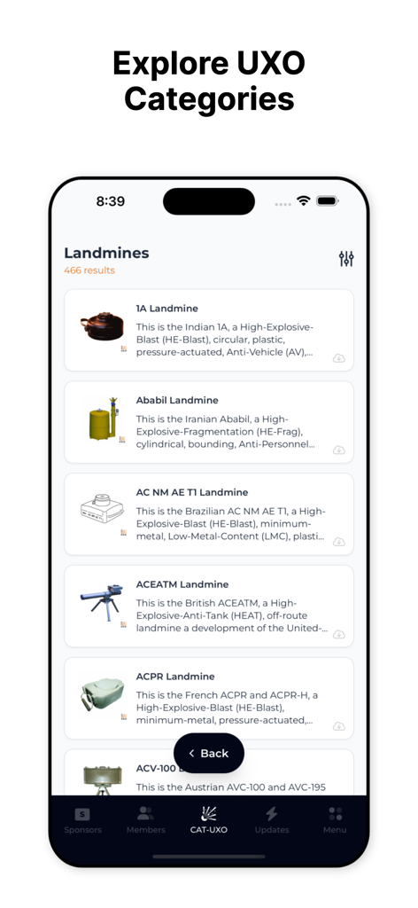 CAT-UXO - CAT-UXO app screen showing a list of landmines with technical specifications and identification images.