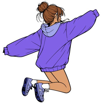 realistic girl jumping with a bun and oversized sweatshirt