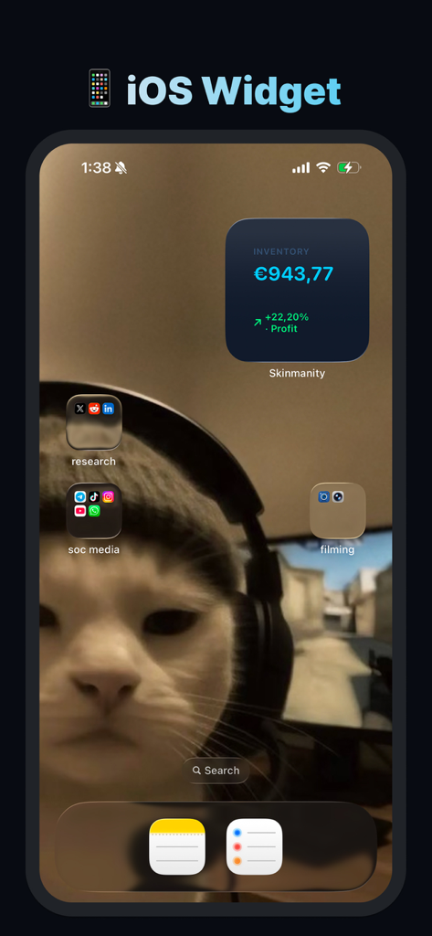 Skinmanity iOS widget displaying CS2 skin inventory value and profit percentage