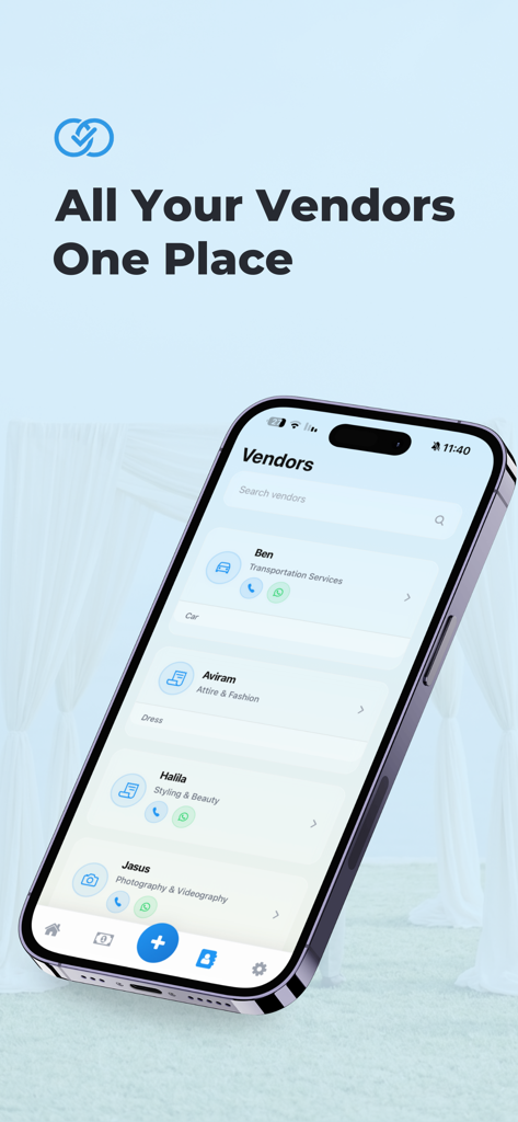 Screenshot of the WeddingBudget app displaying a list of wedding vendors with categories and contact options