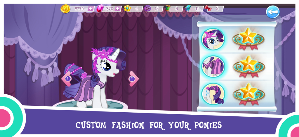 Rarity wearing a custom dress and accessories in the My Little Pony Magic Princess game fashion menu