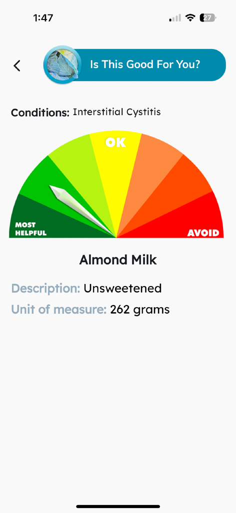 Ein Ernährungsdiagramm in der App für interstitielle Zystitis, das zeigt, dass ungesüßte Mandelmilch ein sehr hilfreiches Lebensmittel für die Erkrankung ist.