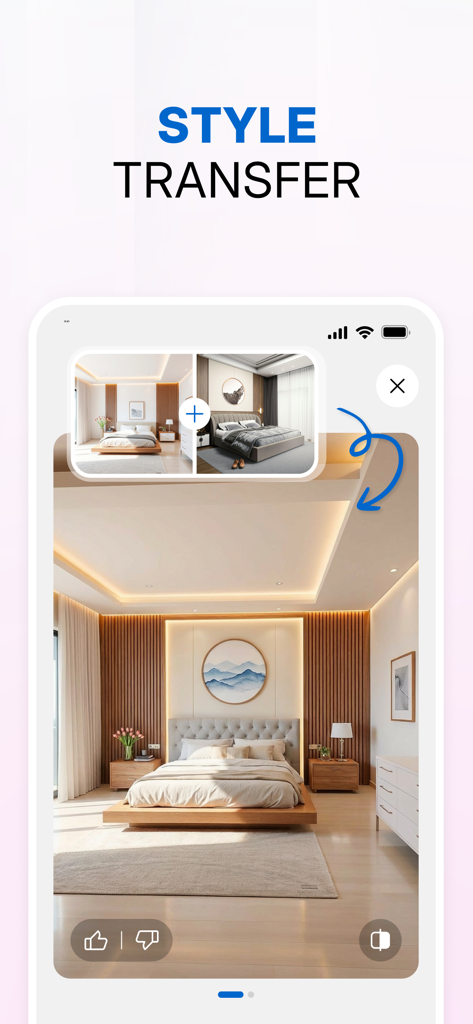 Hano Home – AI Interior Design - Hano Home app interface showing AI bedroom style transfer feature