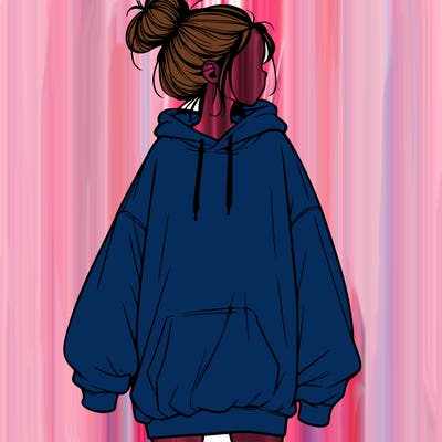 realistic girl with a oversized sweatshirt on and a bun