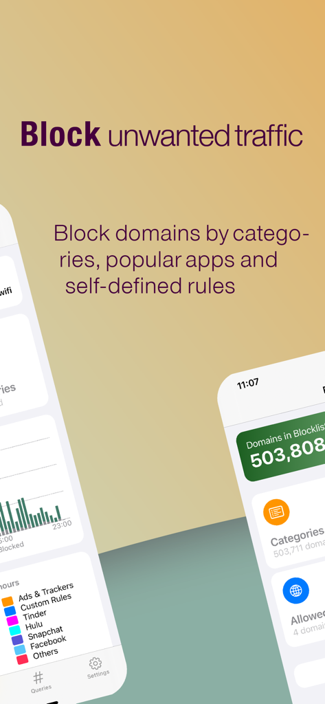 Secure DNS & Firewall - Secure DNS and Firewall app interface displaying blocked traffic statistics and category filters
