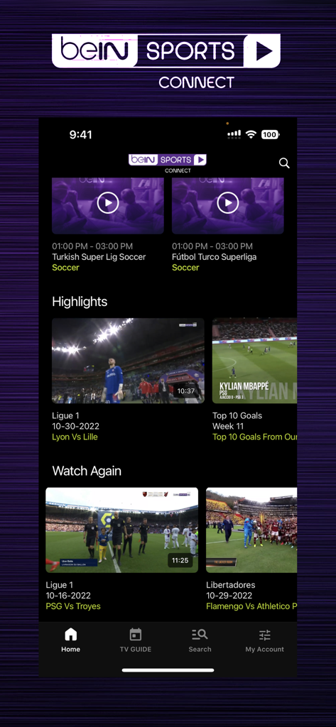 beIN SPORTS CONNECT - Home screen of the beIN SPORTS CONNECT app showing soccer highlights and replay options for international leagues