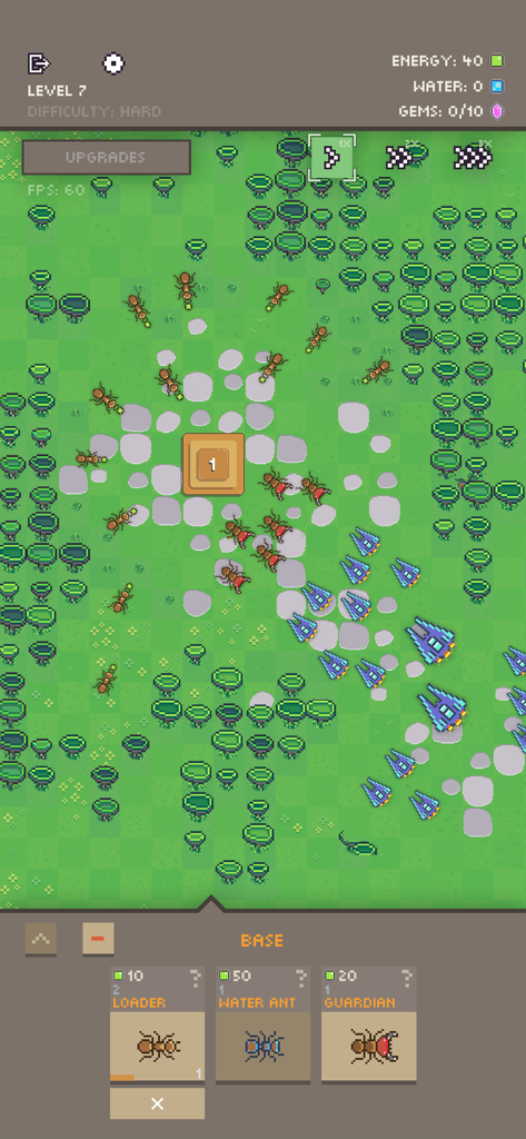 Ants vs Robots - Jugabilidad de simulador de colonias de hormigas en Ants vs Robots mostrando gestión de bases y unidades de hormigas en un campo verde