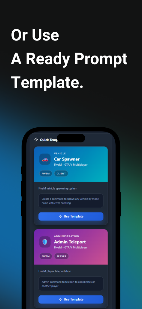 LuaCoder - Script Maker - Écran de l'application LuaCoder montrant des modèles d'invitation prêts à l'emploi pour les scripts FiveM GTA V, y compris le générateur de voitures et le téléporteur administrateur
