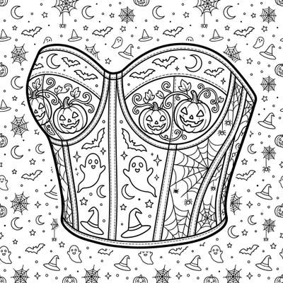 Unleash your creativity this Halloween with a unique bustier coloring page adorned with classic spooky elements. This intricate design promises a frightfully fun and fashionable coloring experience.