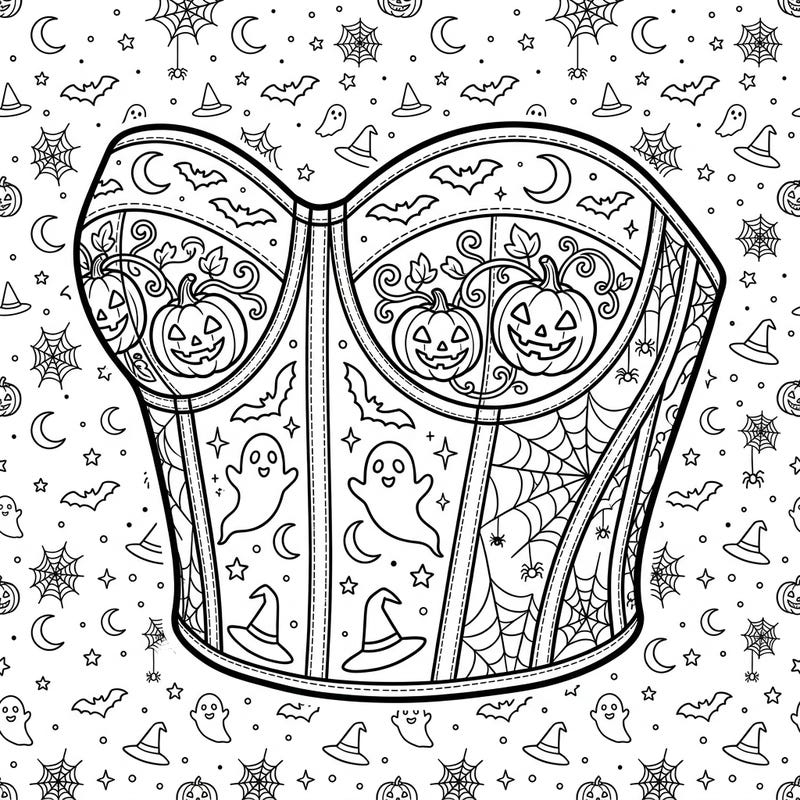 Unleash your creativity this Halloween with a unique bustier coloring page adorned with classic spooky elements. This intricate design promises a frightfully fun and fashionable coloring experience.