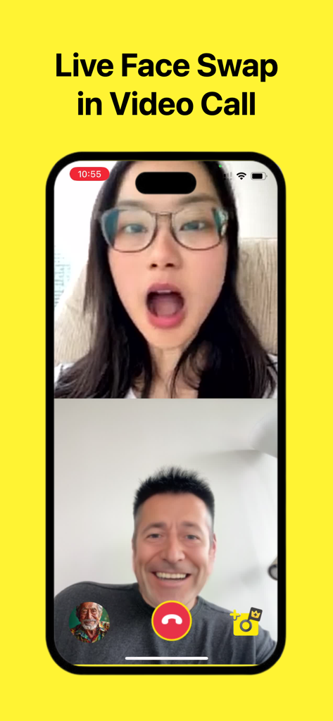 Amigo AI - FaceSwap Video Call - Interface of Amigo AI showing a live face swap during a video call on a smartphone.