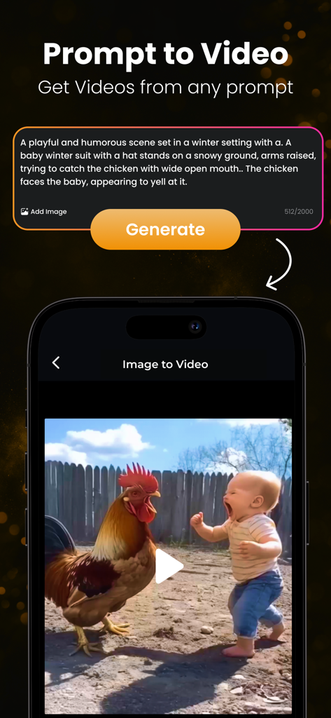 AI Video Generator Serda - Interface of the Serda app showing a text prompt being transformed into an AI generated video of a baby and a rooster