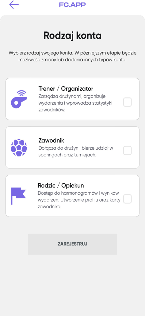 FC.APP-Registrierungsbildschirm zur Auswahl von Kontotypen, einschließlich Trainer, Spieler und Eltern