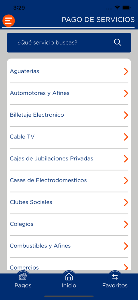 Interfisa Banco mobile app interface displaying a list of service payment categories for utility and bill management.
