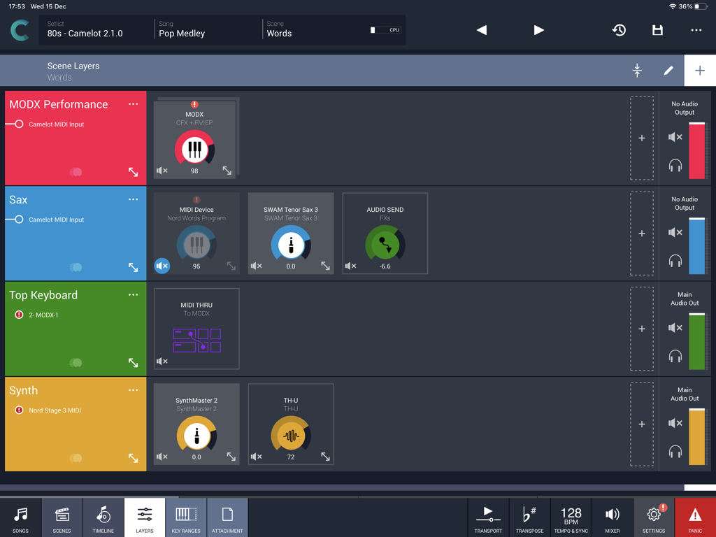 Camelot Pro - Interfaz de la aplicación Camelot Pro que muestra capas de escena para actuaciones musicales en vivo
