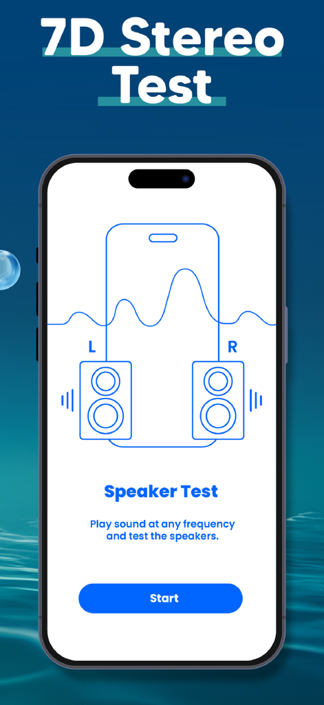 iPhone screen showing a 7D stereo speaker test interface with left and right audio channels