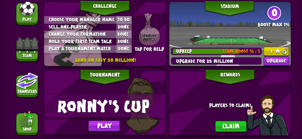 442oons Football Manager - Main menu of 442oons Football Manager showing stadium upgrades and tournament challenges.