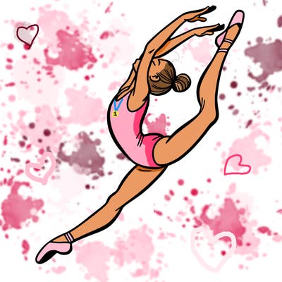 gymnast doing a leap in a leotard with a bent back leg
