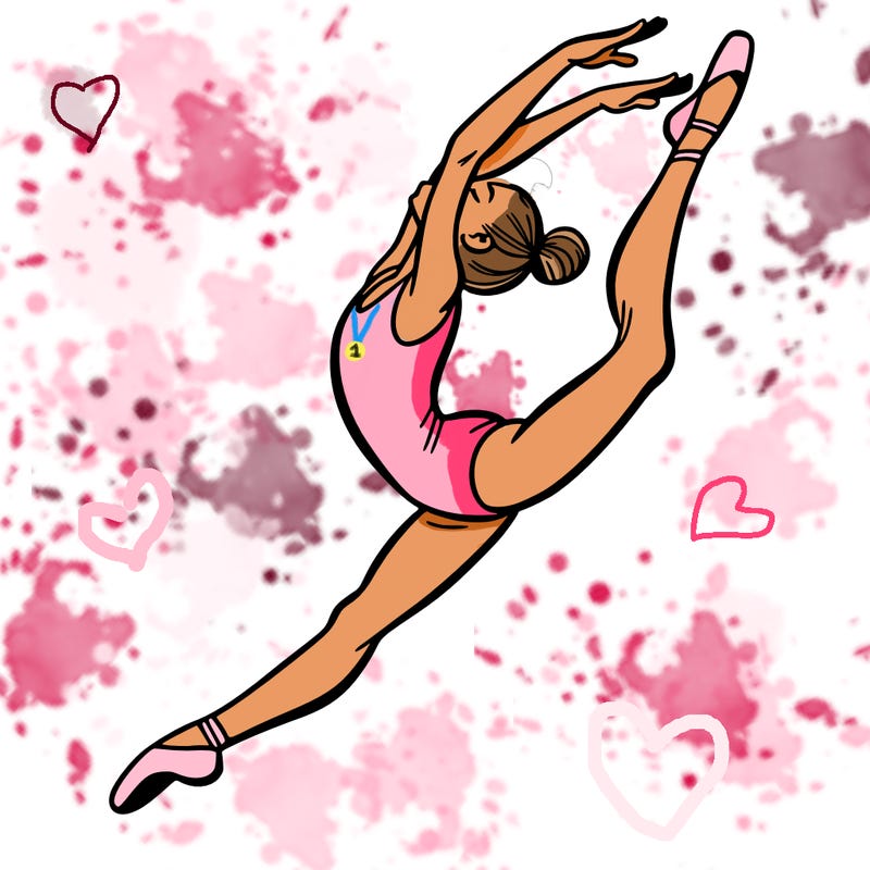 gymnast doing a leap in a leotard with a bent back leg