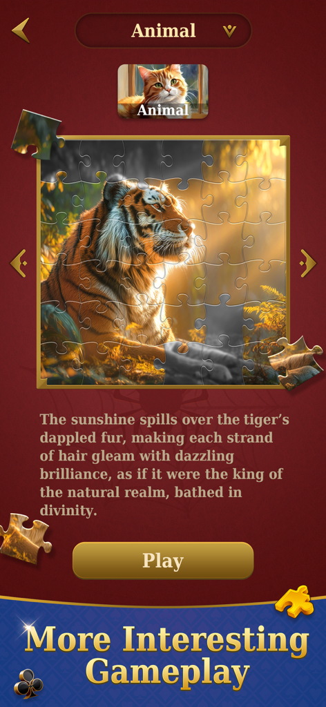 Spider Solitaire-Puzzle trip - Modo puzle de Spider Solitaire con una colección de imágenes de tigres