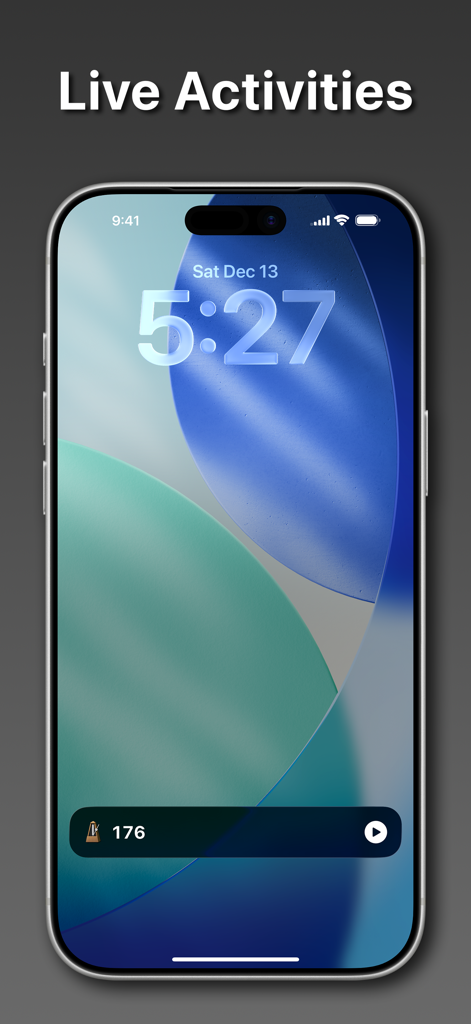 True Metronome - Widget de Atividade ao Vivo do True Metronome no ecrã de bloqueio do iPhone mostrando as configurações de tempo.