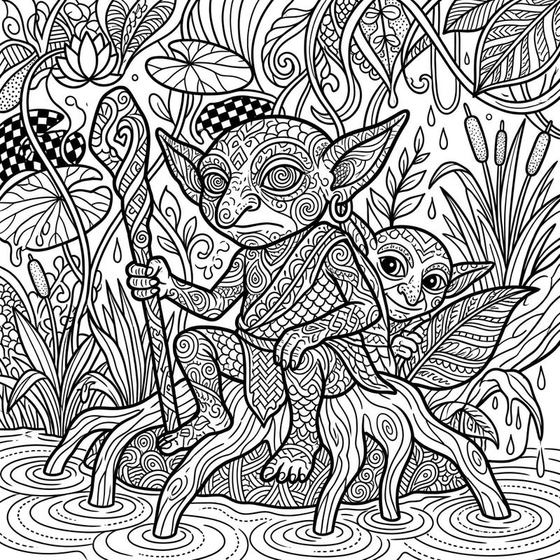 Unleash your creativity with this unique Zentangle Swamp Goblins coloring page. Explore a detailed marshy scene filled with intricate patterns, perfect for a calming artistic escape.