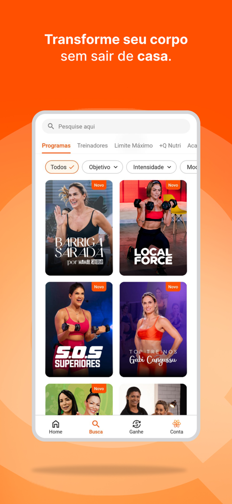 Interface de l'application Queima Diaria montrant divers programmes d'entraînement vidéo pour s'entraîner à la maison