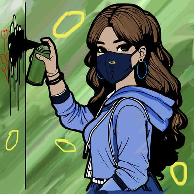 realistic girl with mask spray painting a wall