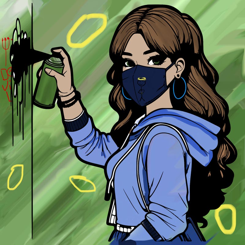 realistic girl with mask spray painting a wall