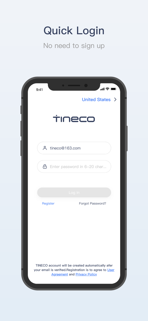 Tineco Life - Tineco Life mobile app login interface showing quick login options and email entry fields.