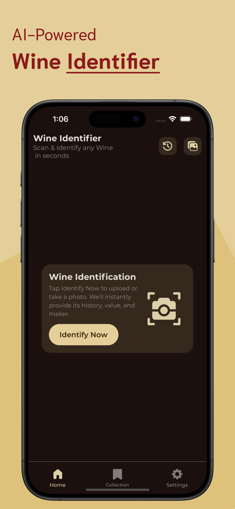 Wine Identifier - Interfaccia utente dell'app Identificatore di Vini con un pulsante Identifica Ora per scansionare le etichette dei vini.