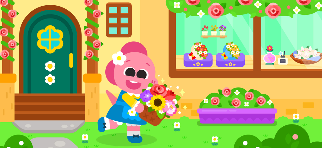 Un personaje de dinosaurio rosa sosteniendo una canasta de flores frente a una floristería.