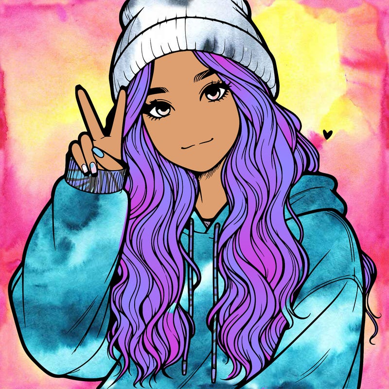 a teenage girl in a beanie, oversized sweatshirt, wavy long hair, and is showing a ✌️